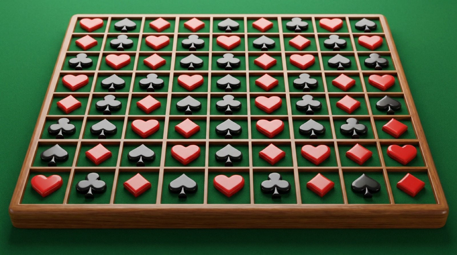 A 3D sudoku grid where cells contain glossy playing-card suit tokens on green felt